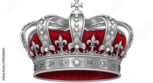 Ornate silver crown with red velvet and fleur de lis details on white background symbolizing royalty and luxury