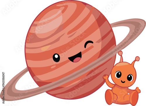 Cute saturn planet with ring and alien cartoon characters space kids vector illustration