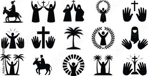 Palm Sunday Icon Set Featuring Jesus on Donkey Palm Leaves Cross Symbols Religious Worship Silhouettes for Holy Week Easter Sunday Church Celebration and Christian Faith Graphics