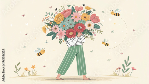 Whimsical illustration of a person holding a giant bouquet of flowers hiding the head background