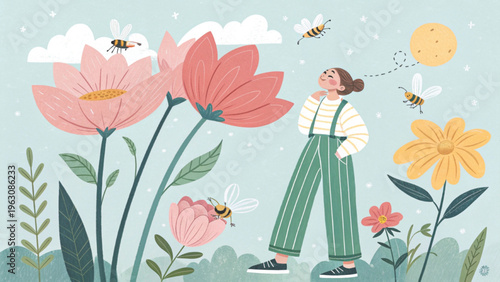 Whimsical illustration of a person holding a giant bouquet of flowers hiding the head background