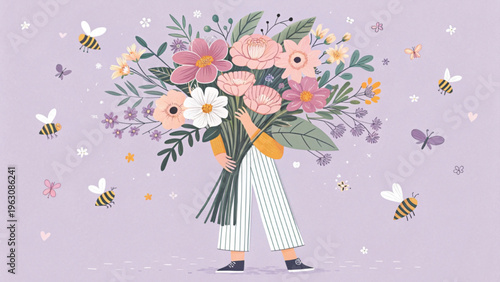 Whimsical illustration of a person holding a giant bouquet of flowers hiding the head background