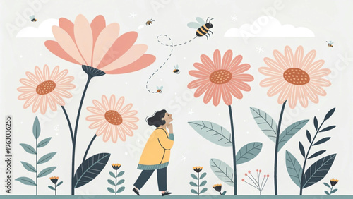 Whimsical illustration of a person holding a giant bouquet of flowers hiding the head background