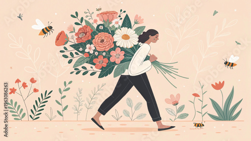 Whimsical illustration of a person holding a giant bouquet of flowers hiding the head background