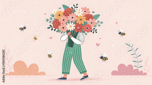 Whimsical illustration of a person holding a giant bouquet of flowers hiding the head background