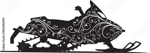 Black snowmobile with white floral on a white background