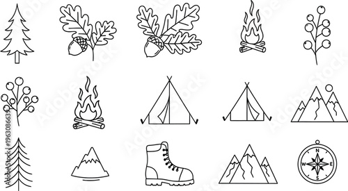 Collection of various camping and hiking related line drawings and icons