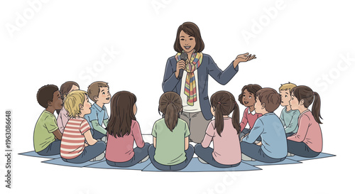 Woman teaching a group of children.