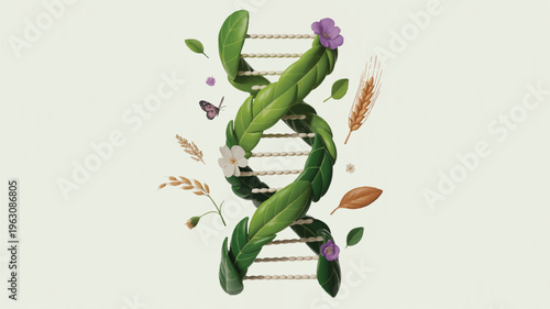 Digital illustration of a DNA helix made from green leaves and botanical elements, symbolizing nature's connection to life and genetics