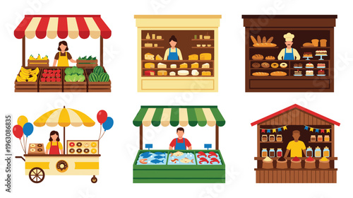 Set of market stalls with various vendors selling fresh produce and goods.