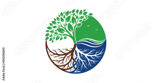 Tree Roots and Leaves Circle Logo.