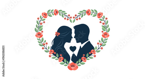 Couple silhouette in heart shape.