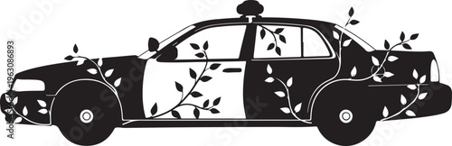 Black taxi cab with leafy vines vehicle leaves