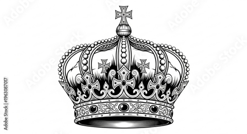 Ornate crown with cross on top royal symbol luxury headpiece detailed illustration black and white