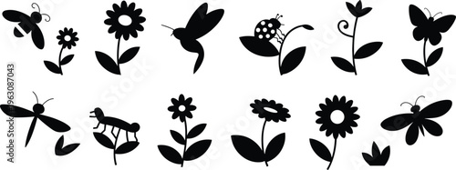 Spring Garden Silhouette Set Featuring Butterfly Bee Dragonfly Ladybug and Various Flower Symbols for Nature Branding Summer Floral Patterns Environmental Education and Botanical Vector Graphics