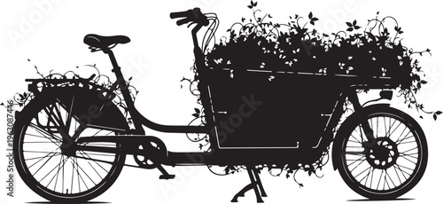 Black tricycle with plants in basket bicycle bike flowers