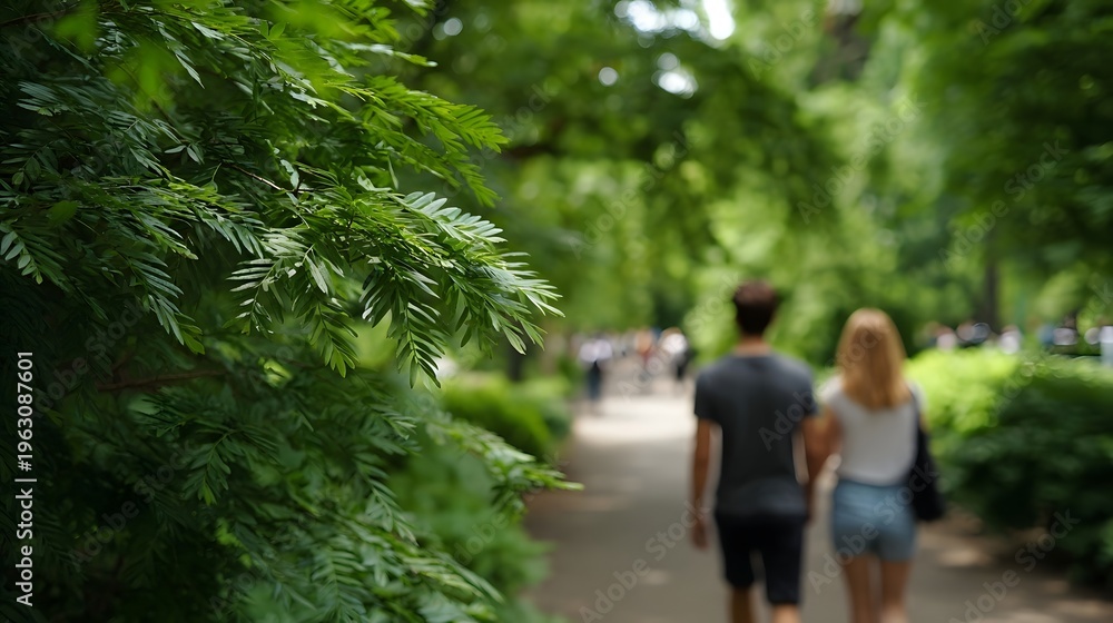 Obraz premium A couple walks hand in hand down a sun d d park path surrounded by lush green trees and foliage