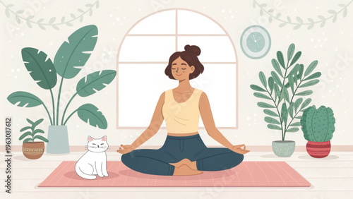 A gentle woman sitting in meditation with a peaceful expression background
