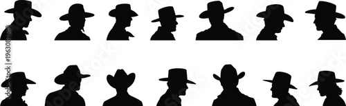 Vector silhouette collection of cowboy heads wearing western hats featuring male profiles and portraits for wild west themes, rancher graphics, and american culture designs.