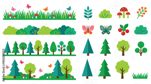 Set of various flat design nature elements including trees and bushes.