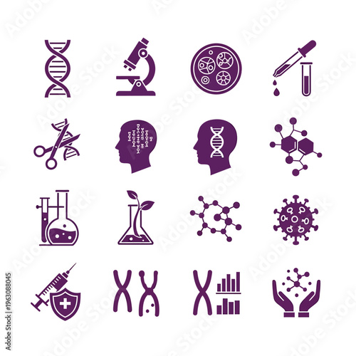 Advanced biotechnology and genetic science icons in purple solid