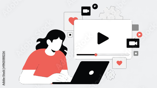 Minimalist illustration of a woman using a laptop for online content creation and digital media work, featuring a video player and social sharing icons
