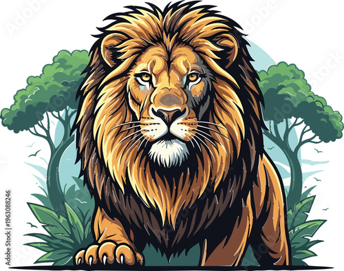 A Bold Vector Illustration of a Powerful Lion Stalking Through the Jungle, Surrounded by Trees and Greenery, Perfect for Wildlife and Nature Themes