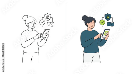 Woman Using Smartphone with Icons, Modern Minimalist Line Illustration