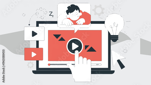 Online video editing platform with a digital illustration of a hand interacting with a play button on a laptop screen