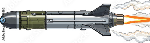 Flying missile vector illustration detailed military rocket with fire exhaust isolated modern defense system aerospace engineering tactical weapon design