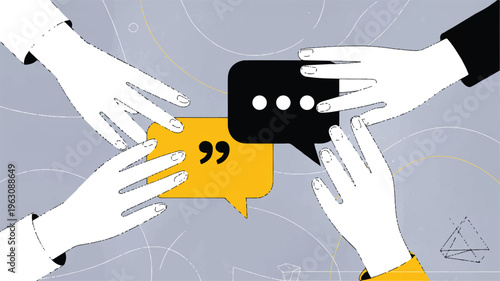 Minimalist illustration of hands reaching for speech bubbles, symbolizing collaborative communication, diverse viewpoints, and constructive dialogue