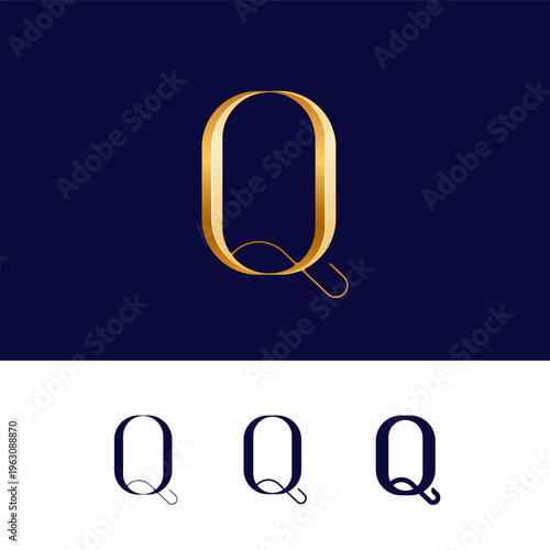Gold 3D letter Q for logo, including set of four different golden letters perfect for your logotypes, vector illustration 10EPS