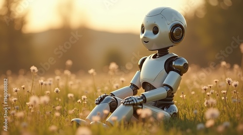 Humanoid robot sitting in alpine meadow holding red rose