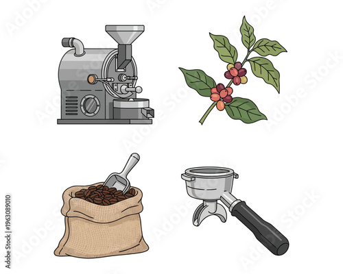 Coffee preparation and equipment illustration