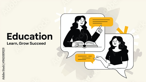 Vibrant minimalist flat illustration showcasing online education and collaborative learning, with two women engaging in an interactive discussion about knowledge and mentorship