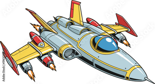 Futuristic cartoon jet fighter with rockets, colorful sci fi aircraft illustration, modern military spaceship design isolated on white background vector