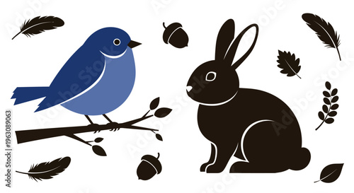 Blue bird on branch and black rabbit with feathers and acorns.