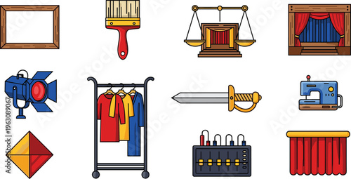 Set of 12 Stage and Theatre Production Icons Including Spotlight, Curtains, Props, Clothing Rack, Sewing Machine, and More for Theater Design and Production Projects