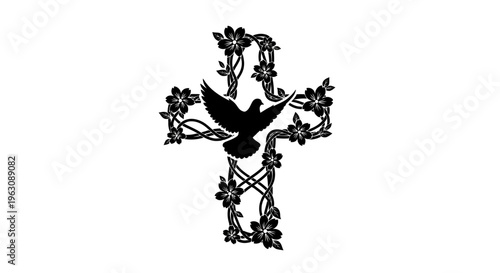 Religious Cross with Dove and Floral Vines Silhouette.
