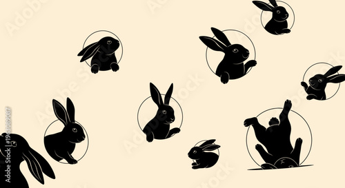 Silhouettes of playful rabbits emerging from circular openings on a light background.