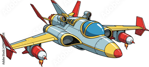 Futuristic cartoon spaceship jet with rocket engines, colorful sci fi aircraft illustration, advanced flying vehicle design isolated on white background vector