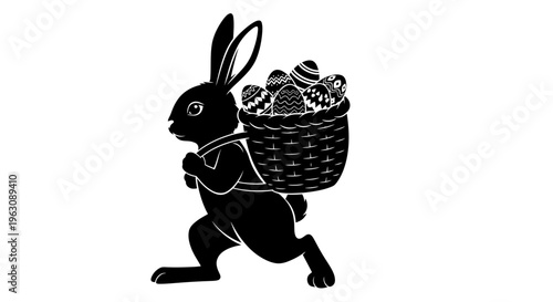 Easter Bunny carrying a basket full of decorated eggs.