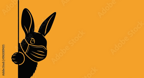 Black rabbit wearing a protective face mask peeking from the side.