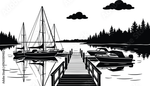WebSerene Lake Harbor Vector Silhouette with Sailboats, Speedboats, Wooden Pier, Forest Pine Trees, and Calm Water Reflections for Nautical Travel Illustration