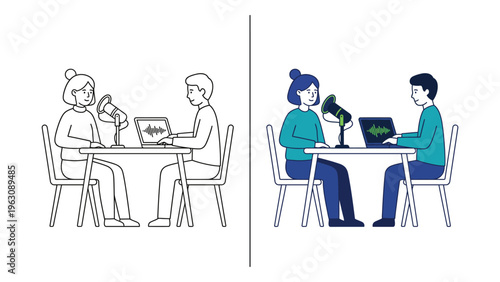 Podcast Recording Woman Man Interviewing Illustration Vector Outline and Color