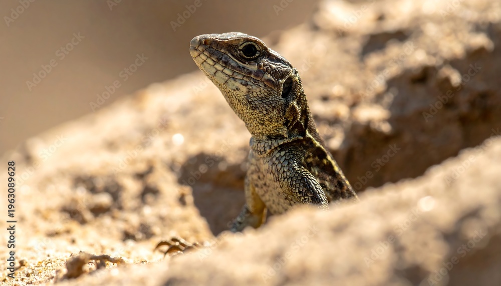 Obraz premium Close-up of a lizard peeking over a sandy rock