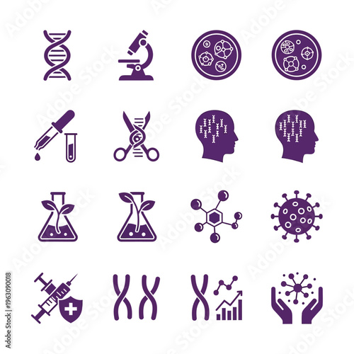 Genetic research and biotechnology science icon set for laboratory