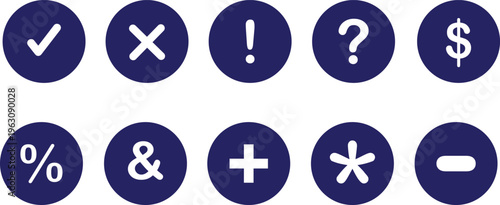 Set of blue circular icons with white symbols including check mark, cross, exclamation point, question mark, dollar sign, percentage, ampersand, plus, asterisk, and minus