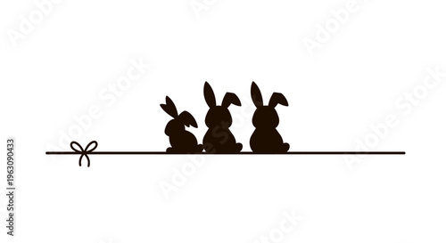Three adorable Easter bunnies silhouette on a simple line with a bow.