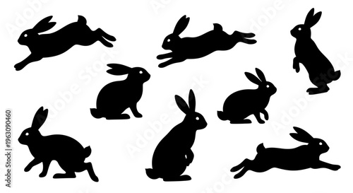 Collection of black rabbit silhouettes in various dynamic poses.